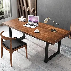 Modern Minimalist Solid Wood Office Desk with Metal Base Easy to Assemble Durable Writing Table Dining Table Computer Desk Multiple Ideal for Living Room and Dining Room (47inch