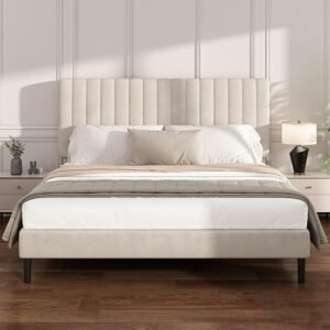 King Size Platform Bed Frame with Vertical Channel Tufted Headboard, No Box Spring Needed, Noise-Free, Easy Assembly, Beige Velvet